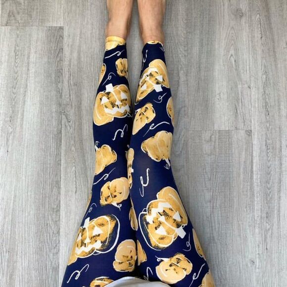 LuLaRoe Halloween Pumpkin Leggings Navy Gold TC2 Plus Size 20-24 - Picture 3 of 4